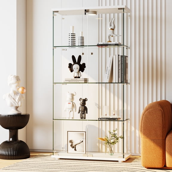 Glass Display Cabinet 4-Shelf with Door and Lock, Double Doors Storage Cabinet with LED Light, for Living Room Bedroom Office, Tempered Glass