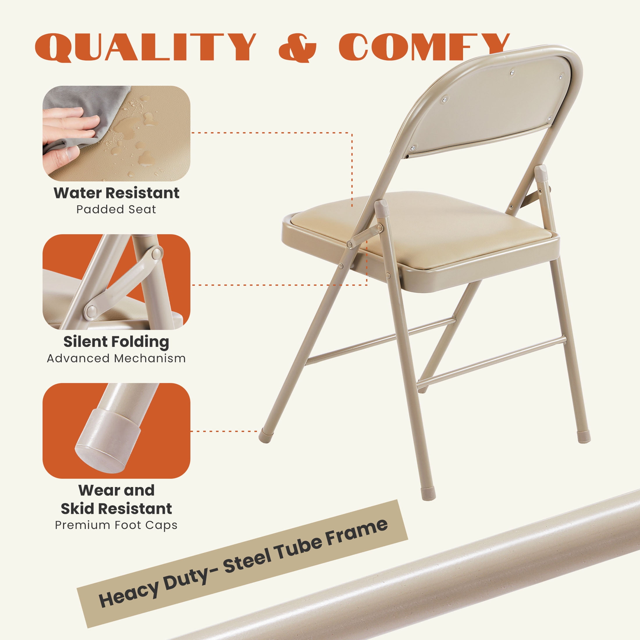 JIOABL Folding Chair 2 Pack, Convenient Leather Padded Folding Chairs, Khaki