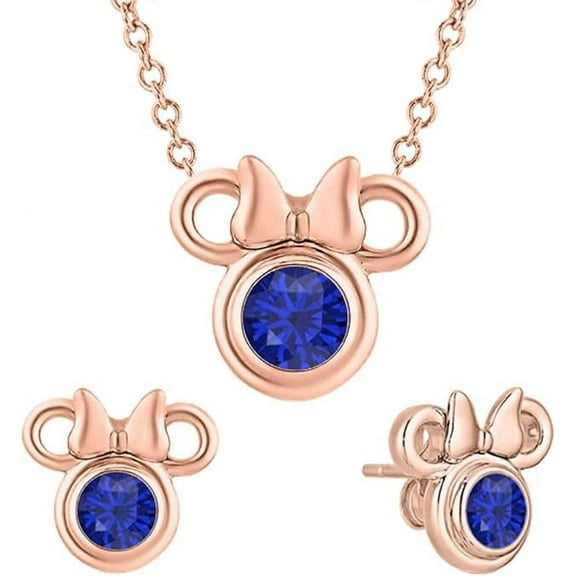 925 Sterling Silver 14K Rose Gold Finish Round Cut Blue Sapphire Gemstone Solitaire Cute Mouse Pendant Necklace & Earring Jewelry Set For Women
