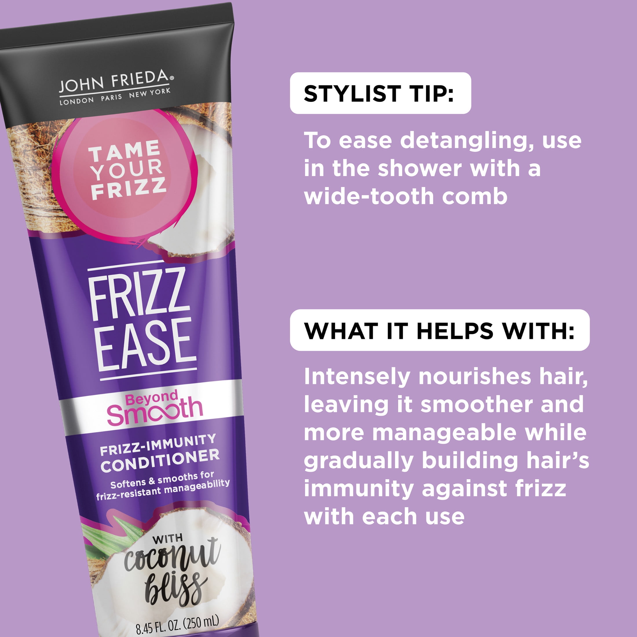 John Frieda Frizz Ease Beyond Smooth Conditioner, for Dry, Damaged Hair, Coconut Bliss, 8.45 oz