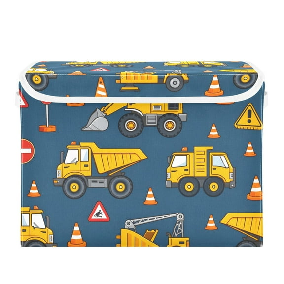 Yellow Truck Roadblock Cute Foldable Storage Bin with Lid and Handle Collapsible Storage Box 16.5 x 12.6 x 11.8 inches