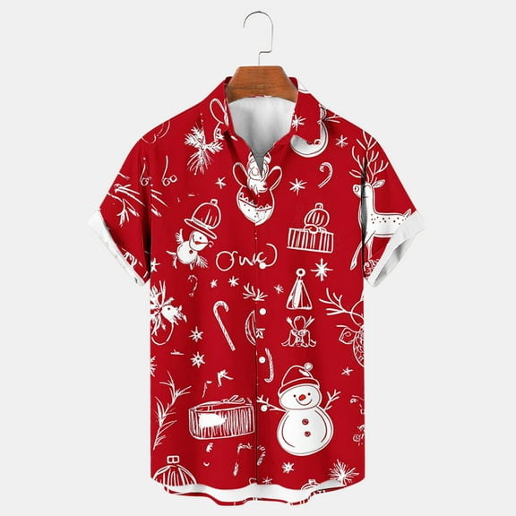KeShDi Mens T-Shirts Christmas Men Casual Fashion Turndown Collar Printing Short Sleeve Button Shirt Blouse Red 3X