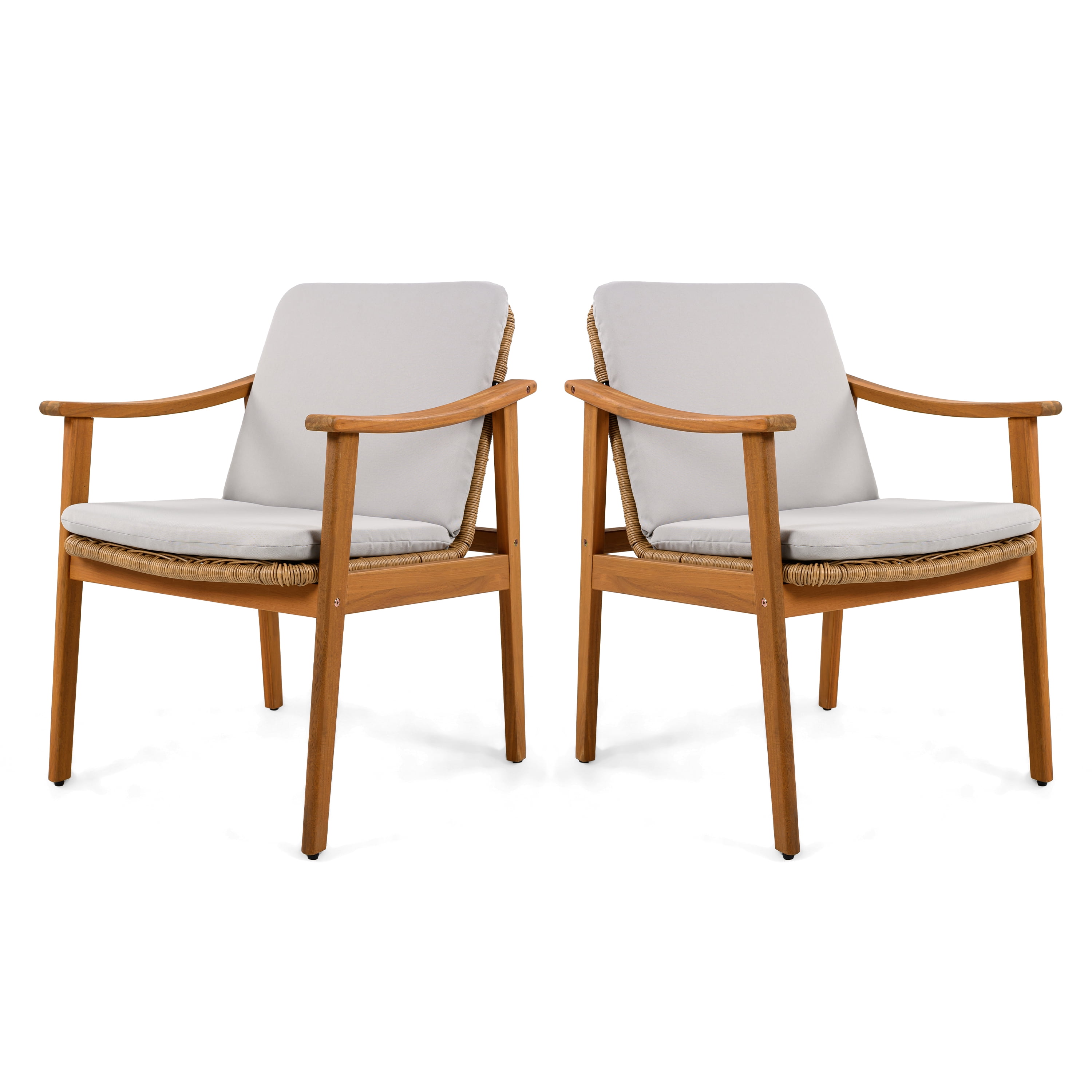 Outdoor Dining Chairs Set of 2, Teak Color Acacia Wood Frame Brown PE Wicker Grey Waterproof Cushion, Teak