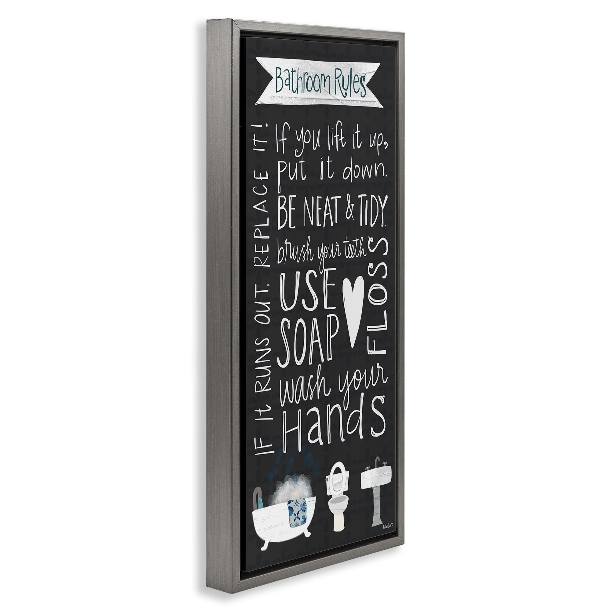 Stupell Industries Whimsical Bathroom Rules Sign Typography Painting Gray Floater Framed Canvas Art Print Wall Art, 11 x 25