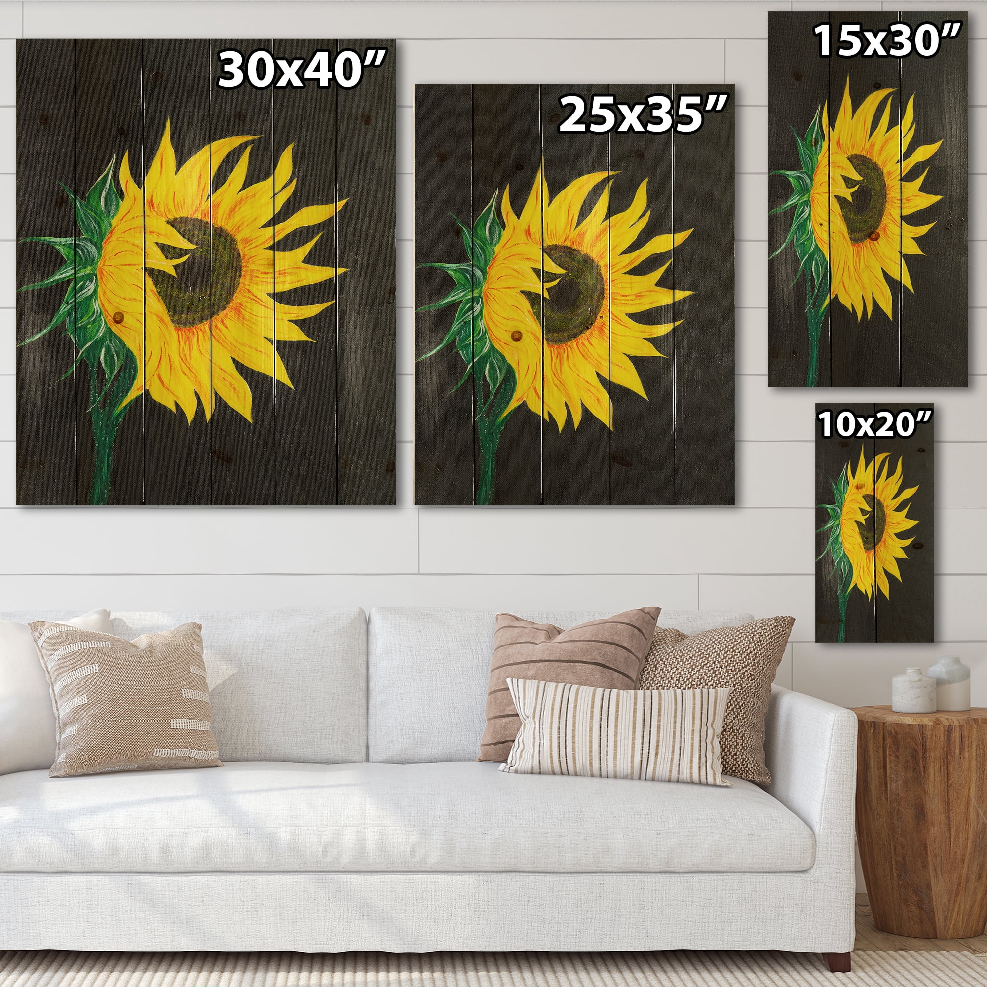 Designart 'Yellow Sunflower On Black' Traditional Print on Natural Pine Wood