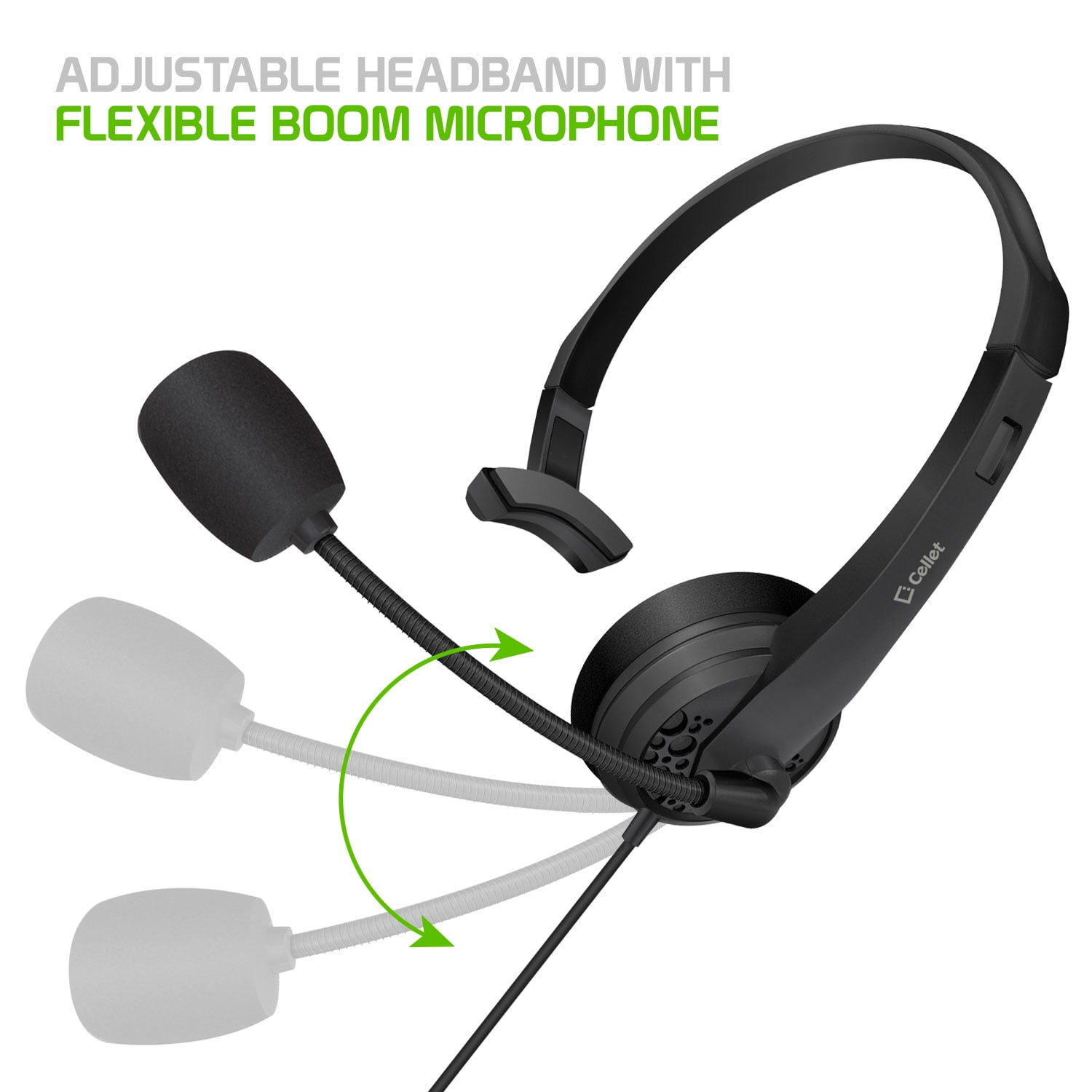 Cellet Over the Head Mono 3.5mm Hands-Free Headset with Flexible Boom Microphone - 6ft long wire - Universal compatibility