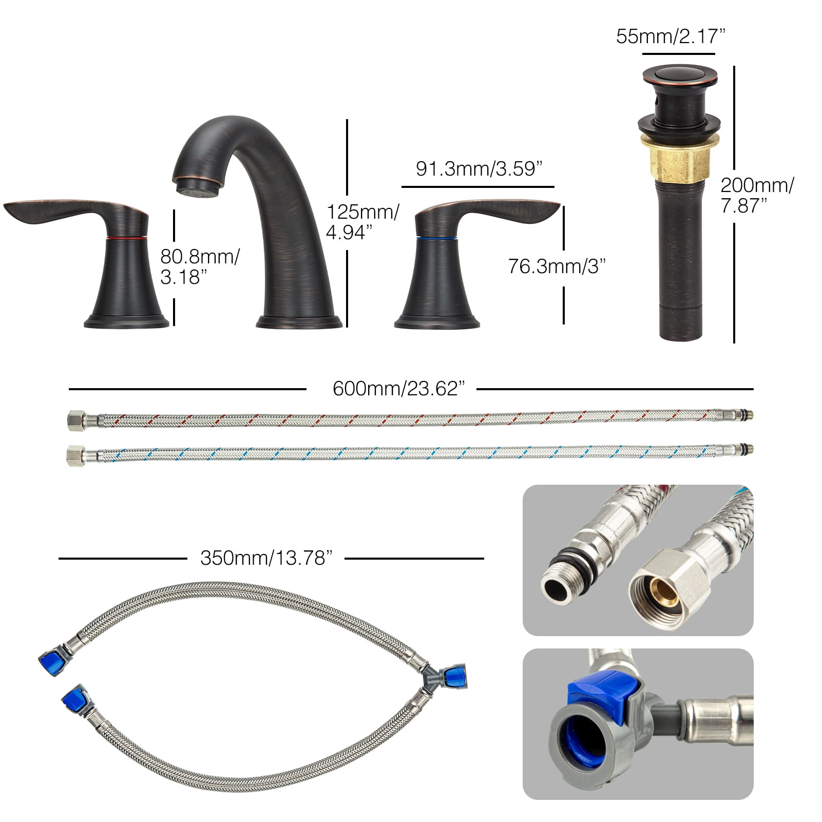 Bathroom Faucets for Sink 3 Hole, Faucet for Bathroom Sink, Widespread Bathroom Sink Faucet with Pop-up Drain and Supply Lines, for Bathroom Sink Vanity RV Farmhouse Sink
