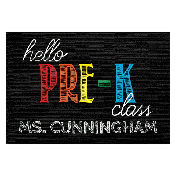 Personalized Planet 27x18 Hello Pre Kindergarten Doormat with Custom Teacher Name Printed on Black Rectangular 1/8” Thick Non Slip Mat for School Classroom or Home
