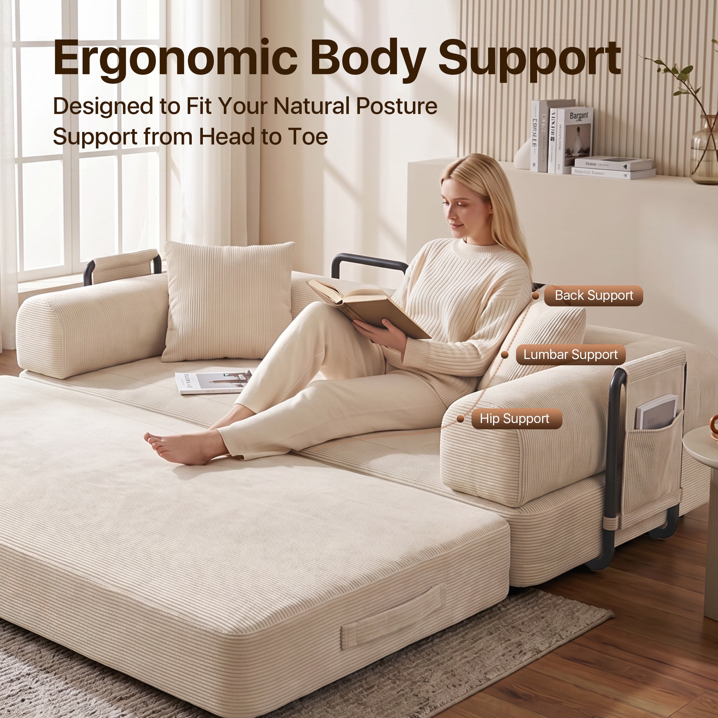 CATGOOD 78" Convertible Sofa Bed with Storage Bag, Sectional Couch for Living Room, Sleeper Loveseat Free Assembly, White