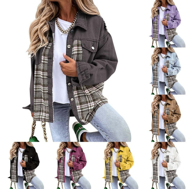 Plus Size Jean Jacket Denim Jacket Long Sleeve Plaid Button Up Shirt Jean Jacket Top Denim Jacket Women Yellow XL
