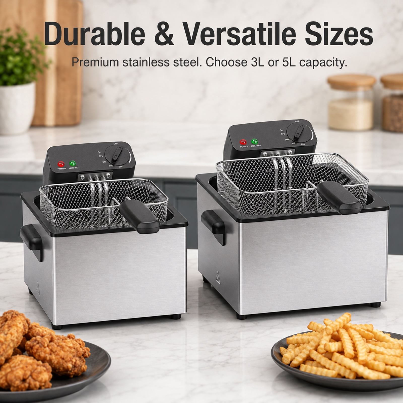 Alvantor Electric Deep Fryer with Adjustable Temperature, 1500W, Stainless Steel, 3L/5L Capacity