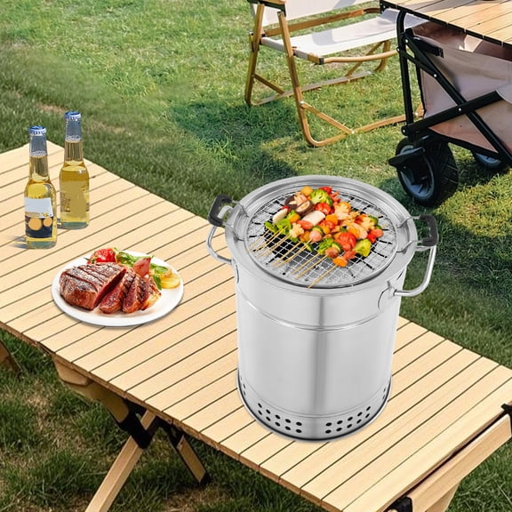 ToppiJoy Portable Charcoal Barrel Grill, 201 Stainless Steel BBQ Grill for Outdoor Parties, Camping & Picnics, Includes Grilling Accessories Set(20 Skewers)