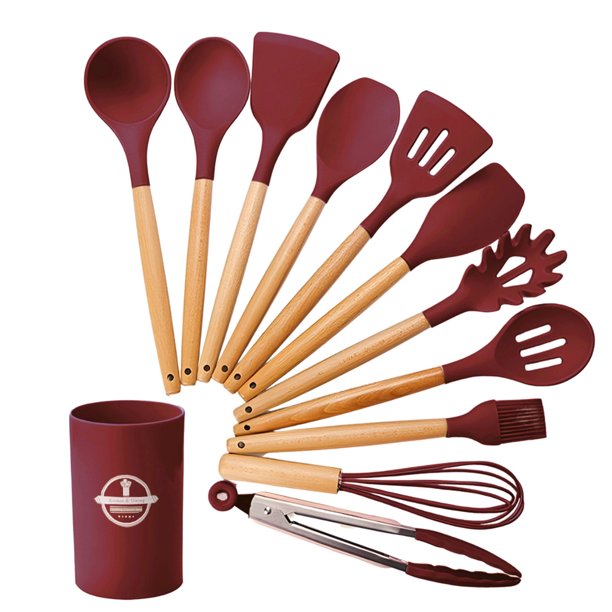 Juego de Utensilios de Cocina | Kit 12 Piezas de Cocina | Set de Instrumentos de Silicona | Mango de Madera Resistentes | Herramientas de Cocina Multifuncionales