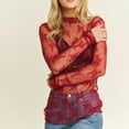 thumbnail image 4 of Red Long Sleeve Shirts for Women's 2026 Mesh Crop Top Long Sleeve Mock Neck Lace Floral See Through Y2K Shirt Blouses Fashion Clothing, 4 of 5