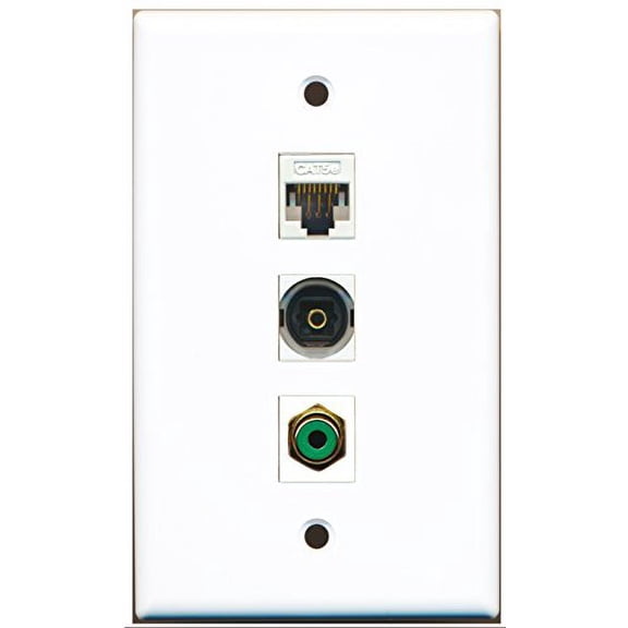 RiteAV - 1 Port RCA Green and 1 Port Toslink and 1 Port Cat5e Ethernet White Wall Plate