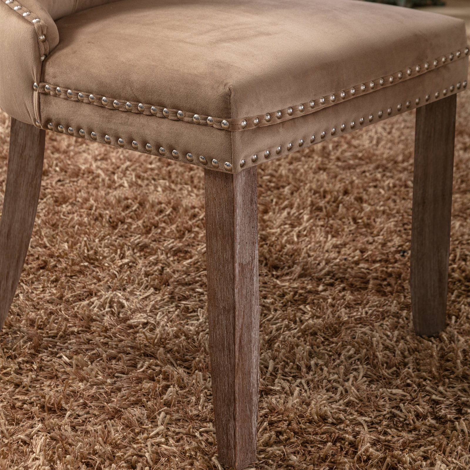 Gewnee 2 Piece Sets Modern High-end Tufted Solid Wood Khaki Velvet Upholstered Dining Chair with Wood Legs Nailhead Trim