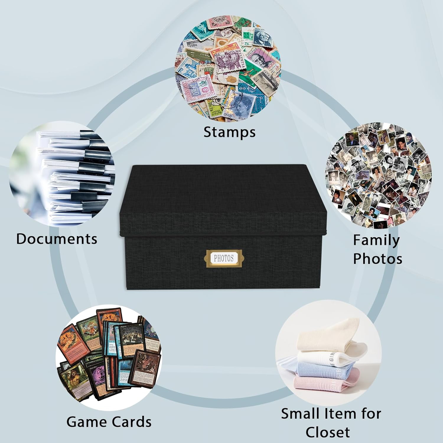 Decorative Photo Storage Box - 2 Pack Linen Photo Box Organizer with Dividers, Fits Holds  to 1700 Pictures and 4x6 Photos, Memory Keepsake Organizer for Scrapbook Supplies, Cards, Stamps (Black)