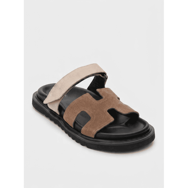 Morte - Sandalia tipo slide de gamuza beige y coñac marron 24 CM