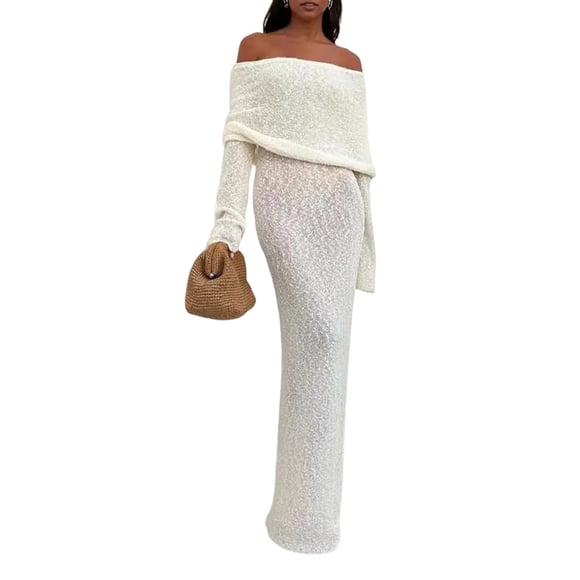 Women'S Fall Off Shoulder Bodycon Sweater Dress Formal Long Sleeve Elegant Club Party Midi Maxi Dresses White S
