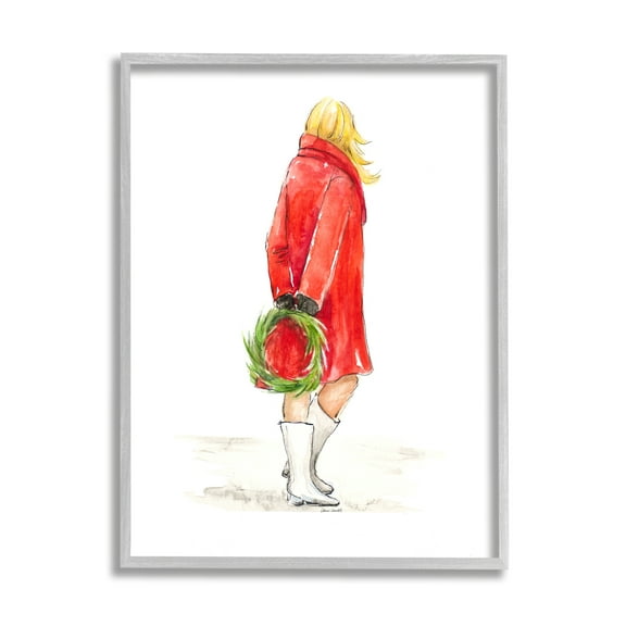 Indtries Glam Fashion Red Jacket Christmas Woman with Wreath 11 in x 14 in Framed Painting Art Prints, by Stupell Home Décor
