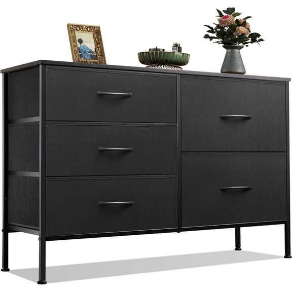 WLIVE Dresser for Bedroom with 5 Drawers, Wide Dressers with Drawer Organizers, Chest of Drawers, Fabric Dresser for Living Room, Closet, Hallway, Charcoal Black Wood Grain Print