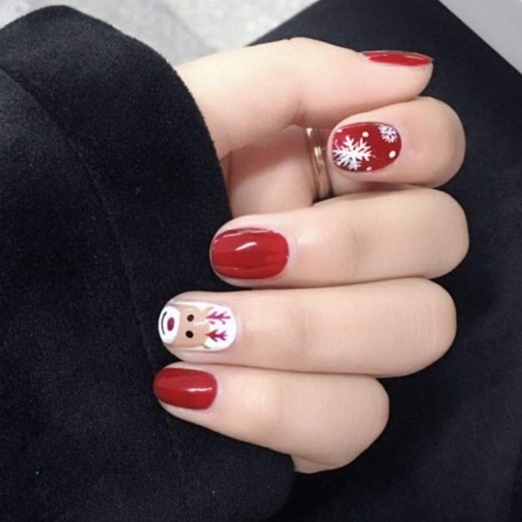 Fake Nails Christmas Elk Snowflake False Nails Full Cover Short Nails Art Press On Red Nail 24pcs For Women Walmart Com