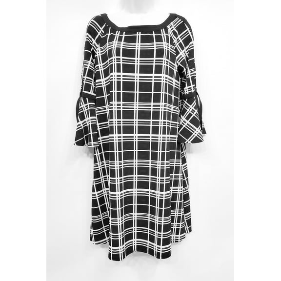 Sandra Darren Black A-line Bell Sleeve Plaid Stretchy Dress, Women's 10