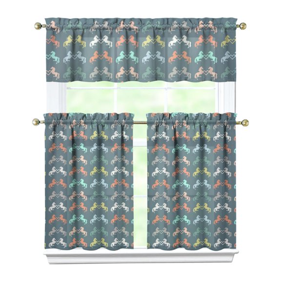 Kitchen Curtains 36 Inch Short - 3 Panel Set, Cute Horse Pony Print, Rod Pocket Window Curtain, 100% Polyester for Farmhouse, Retro Rural Kitchen, Easy Wash