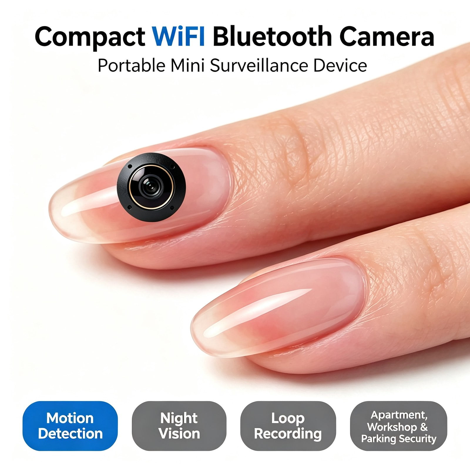 Mini WiFi Bluetooth Security Camera, Wireless Small Surveillance Cam with Night Vision, Motion Detection, 2-Way Audio, Remote Live View, Loop Recording for Home Indoor Outdoor Garage Office Security