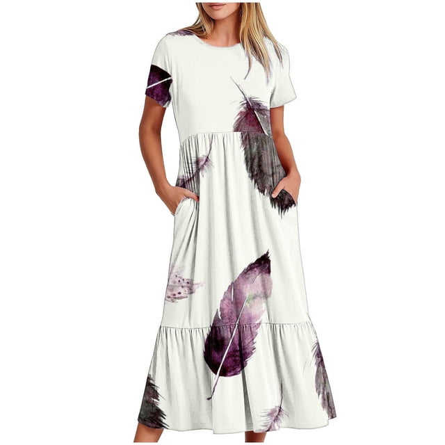 Fankiway Robe Longue d'Été pour Femmes, à la Mode, à Manches Courtes, à Col Rond, Ample, à Dégradé de Couleurs, Robes pour Femmes, Robes pour Femmes Grande Taille en Liquidation