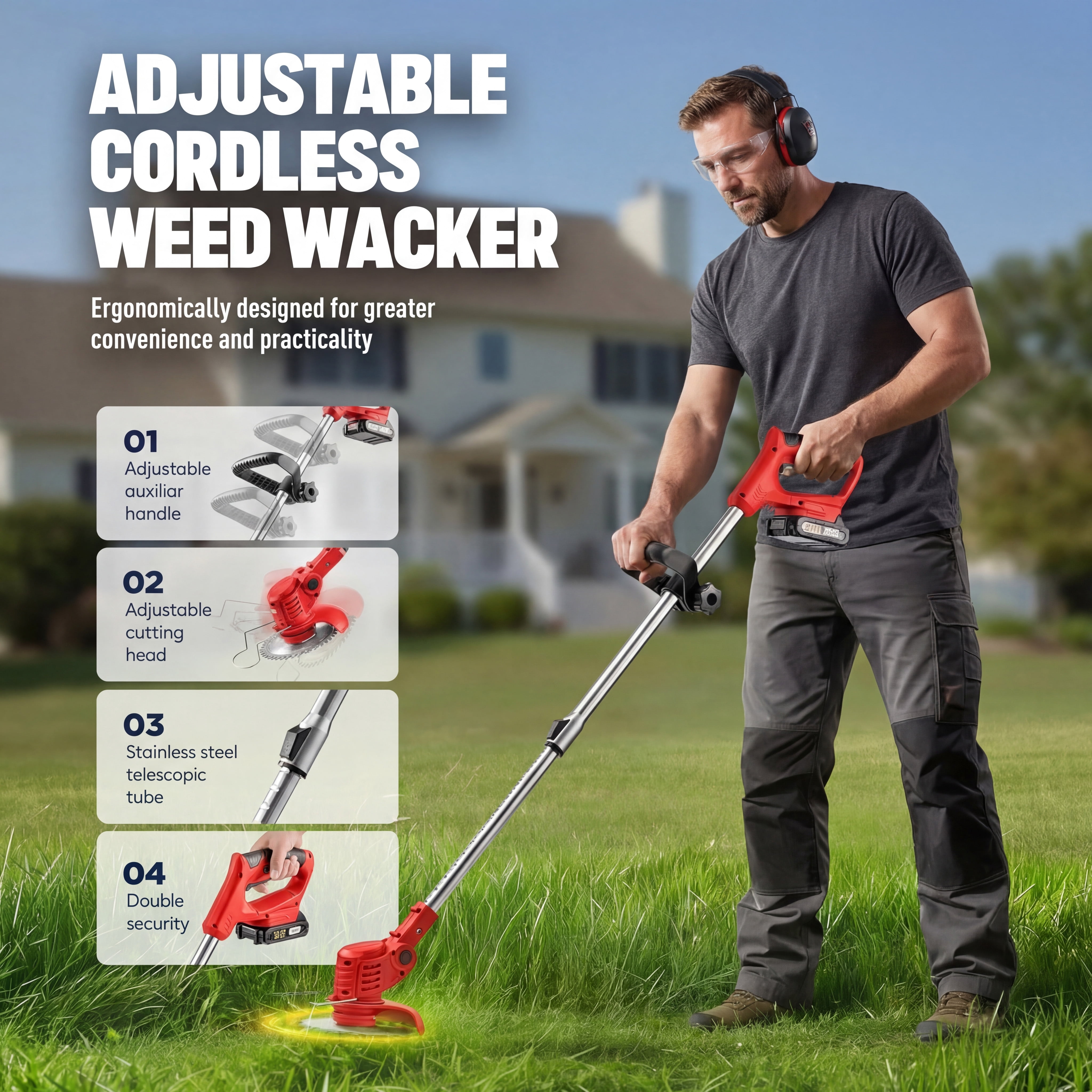 Yuyongr Weed Wacker Cordless String Trimmer with Wheels,2*2000mAh Cordless String Trimmer with 4 Types Cutting Blade,Weed Eater Grass Trimmer/Lawn Mower,(No Wheel)