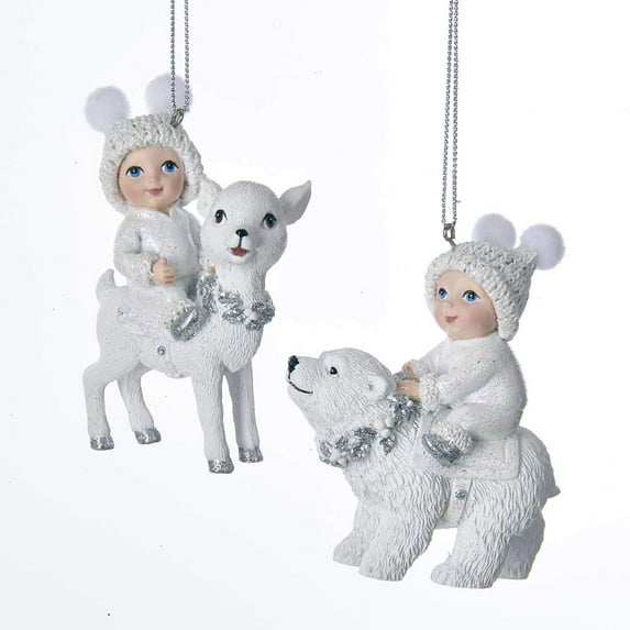 Snow Children on Deer & Polar Bear Ornaments Set of 2