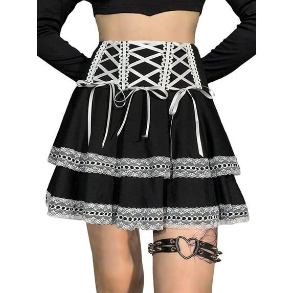 Seyurigaoka Women Lolita Skirt, High Waist Hollow Out Floral Lace Bandage Patchwork Short Skirt