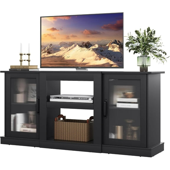BOBOKY Retro TV Stand for 65 inch TV, TV Console Cabinet with Storage, Open Shelves Entertainment Center for Living Room and Bedroom,Black