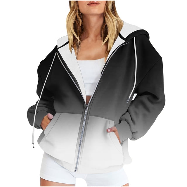 Timegard Cardigans pour Femmes Chandails à Capuchon à Fermeture Éclair Hauts Couleur Dégradée Décontractés Amples Chandail à Enfiler Poches
