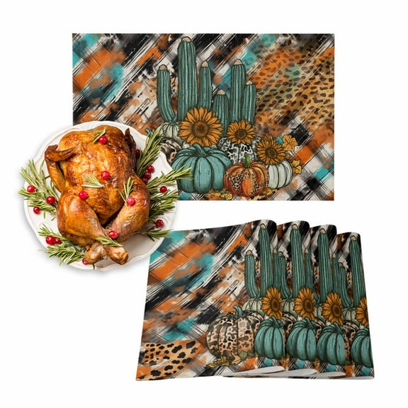 Fall Placemats Set of 6 Pumpkin Sunflower Place Mats Thanksgiving Placemat Western Cactus Plaid Table Mats for Dining Kitchen Table Holiday Dinner Party Home Fall Decorations 13x19 Inch