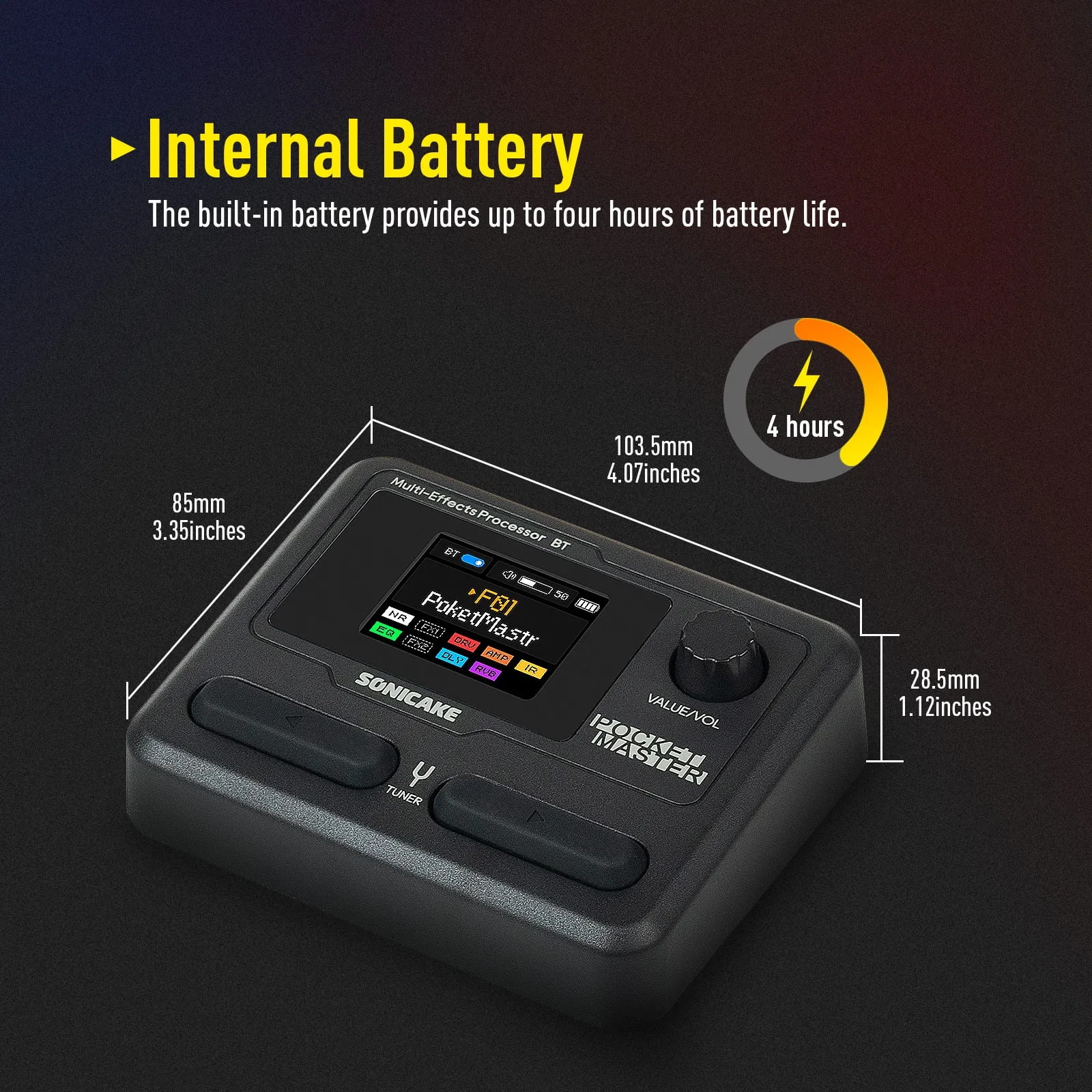 SONICAKE Pocket Master All-in-One Portable Guitar/Bass Multi-Effects Pedal - 100+ Effects, Amp & IR Cabinets, APP Control, Rechargeable, Color Screen, USB Audio Interface (Global English Version)