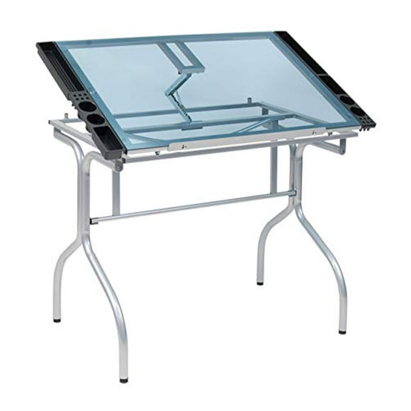 Studio Designs Folding Modern Glass Top Adjustable Drafting Table Craft Table Drawing Desk Hobby Table Writing Desk Studio Desk, 35.25" W x 23.75" D, Silver / Blue Glass
