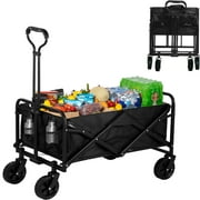 Folding Camping Wagon Cart Collapsible Utility Camping Cart with Universal Wheels & Adjustable Handle Folding Multipurpose Wagon Beach Cart for Outdoor Garden and Beach Use, Black