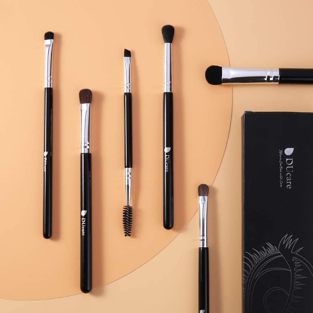 DUcare 6 Piece Angled Eyeshadow and Eyebrow Makeup Brush Set, Synthetic Hair, Black