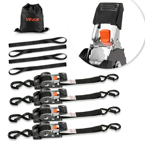 Correas de trinquete retráctiles VEVOR, 2,5 cm x 1,8 m, correas de amarre con ganchos en S, resistencia a la rotura de 544 kg, 4 bucles suaves, correas de amarre con trinquete, paquete de 4