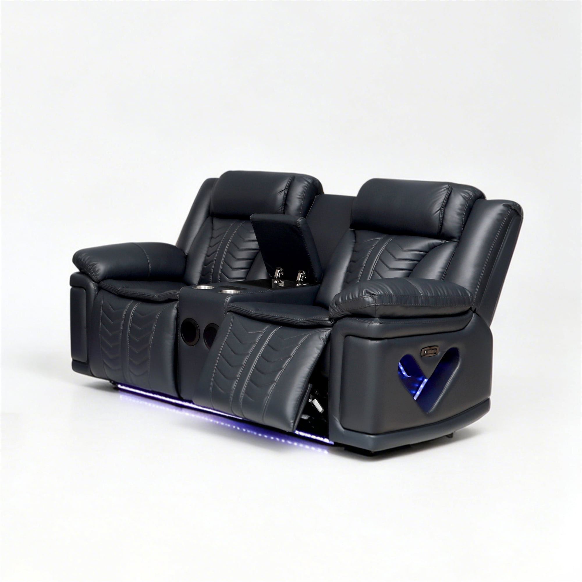 Electra Luxury 2-Piece Power Reclining Living Room Set - Dark Grey Faux Leather Motion Sofa and Loveseat with LED Lighting, Bluetooth Speakers, Drop-Down Table, and Wireless Charging