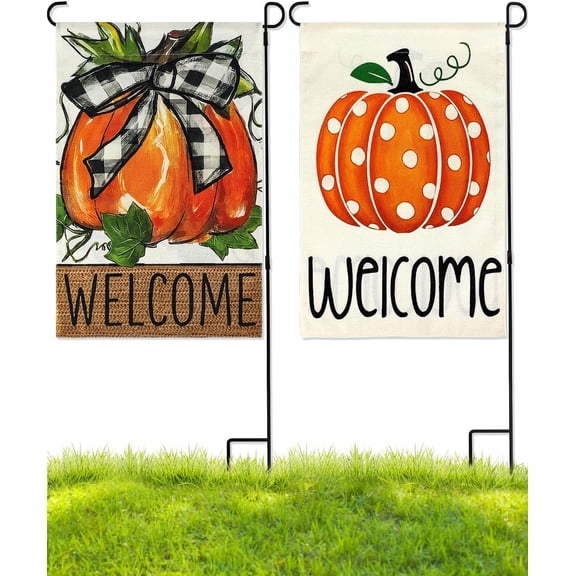 Set Of 2 Fall Pumpkin Welcome Garden Flags, Double Sided, 12"x18", Polka Dots & Buffalo Plaid, Best For Fall/Thanksgiving Decorations