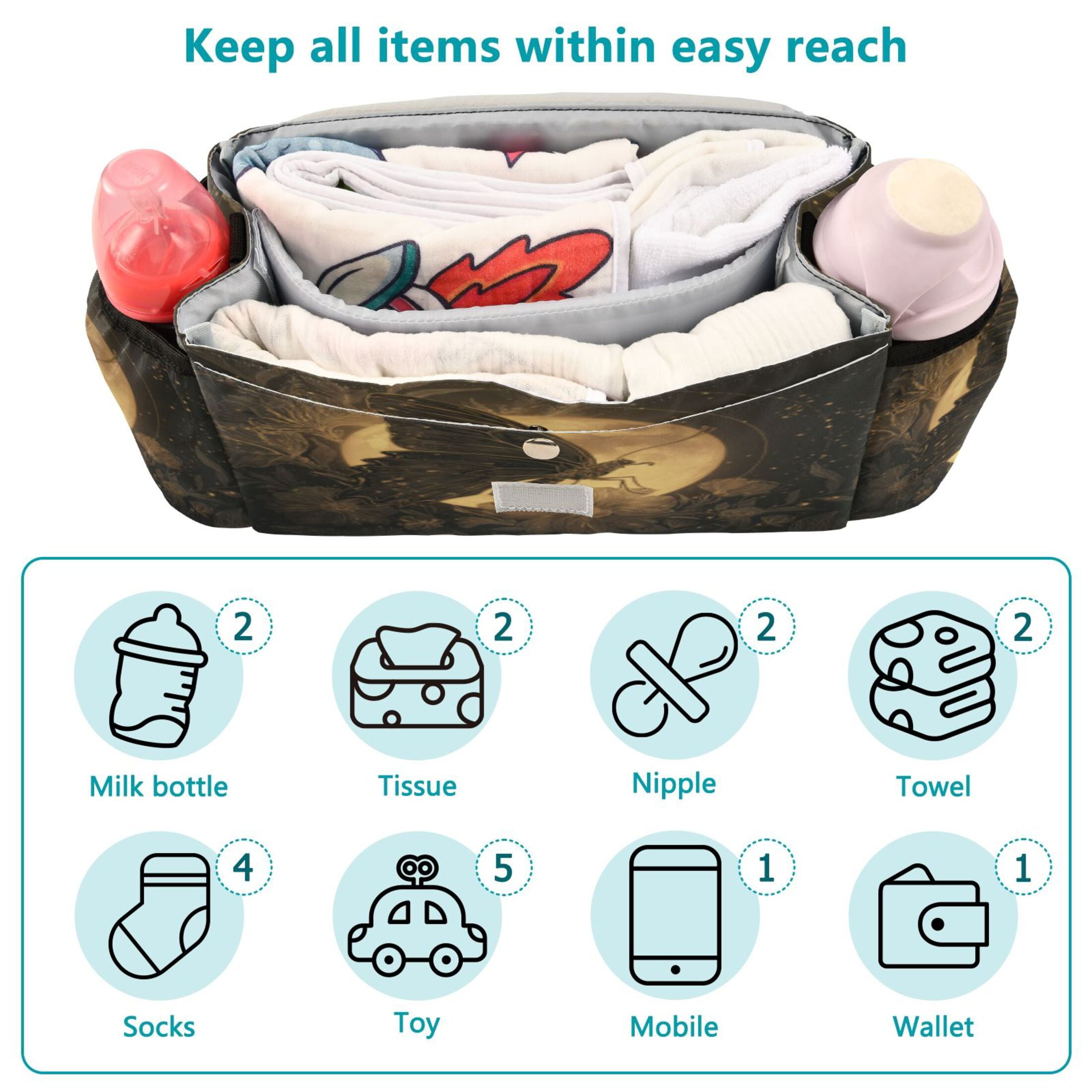 DIXRUYEE Stroller Organizer Moonwheel Monarch Printed