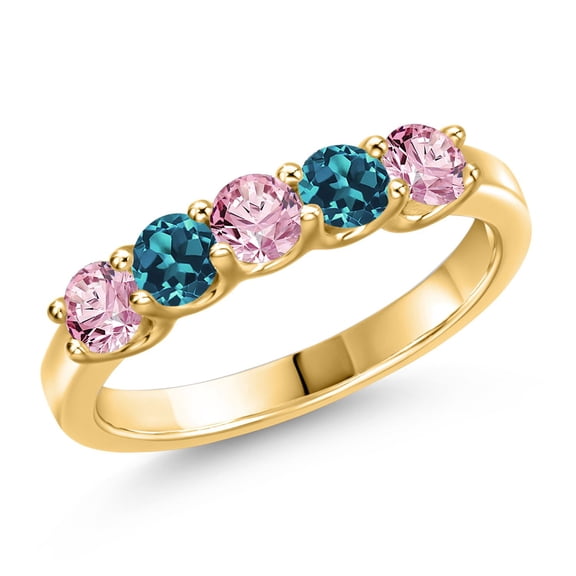 Gem Stone King 18K Yellow Gold Plated Silver Pink Lab Grown Diamond and London Blue Topaz Wedding-Bands Ring for Women | 0.98 Cttw | Round 3.5MM | Gemstone April Birthstone | Size 8