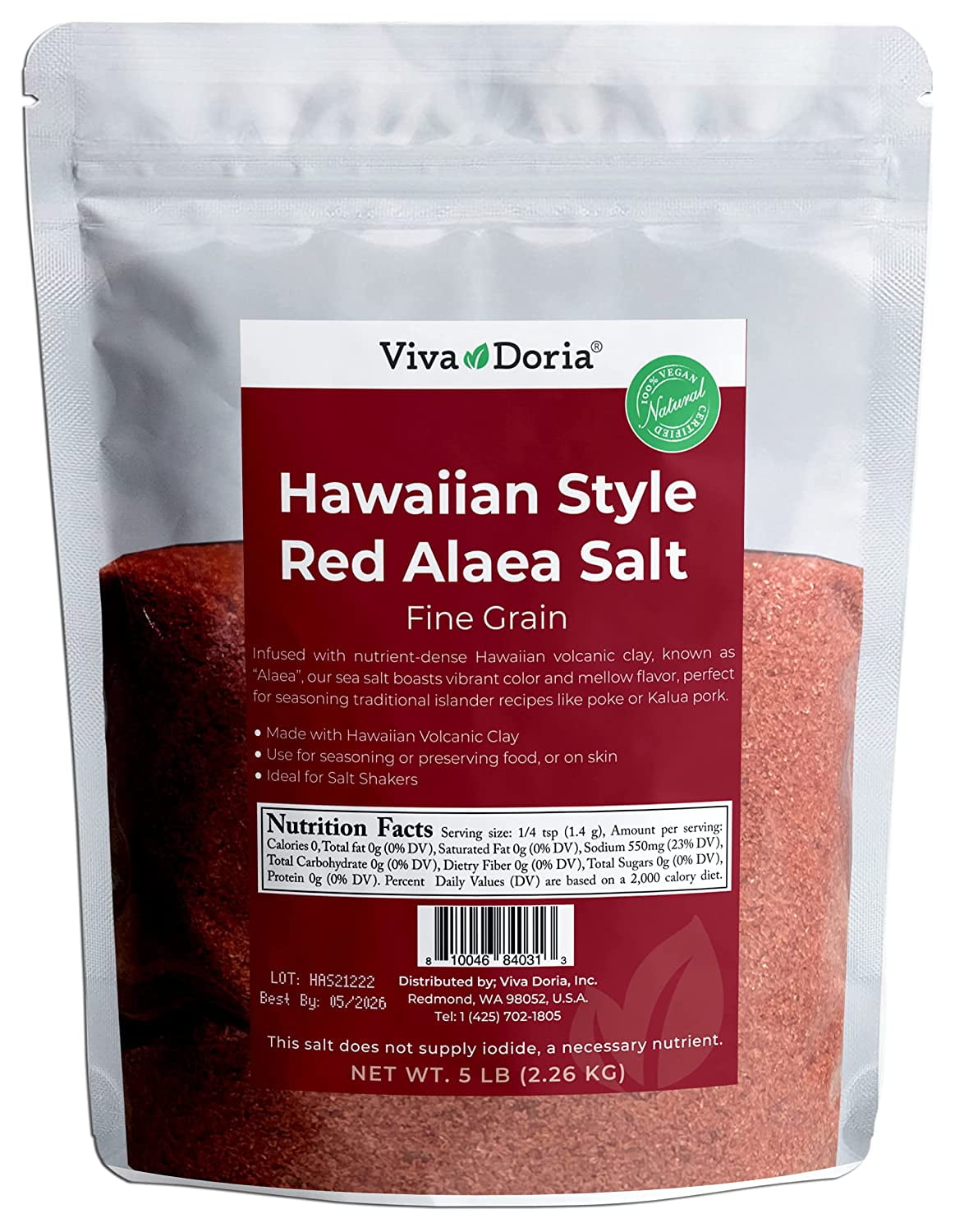 Viva Doria Hawaiian Red Alaea Sea Salt, Fine Grain, 5 lb