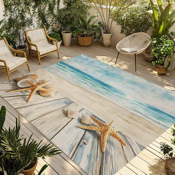 Fsddascl Beach Coastal Outdoor Rug for Patio/Deck/Porch, Non-Slip Large Area Rug 6 x 9 Ft, Watercolor Ocean Waves Starfish Summer Indoor Outdoor Rugs Washable Area Rugs, Camping Rug Carpet
