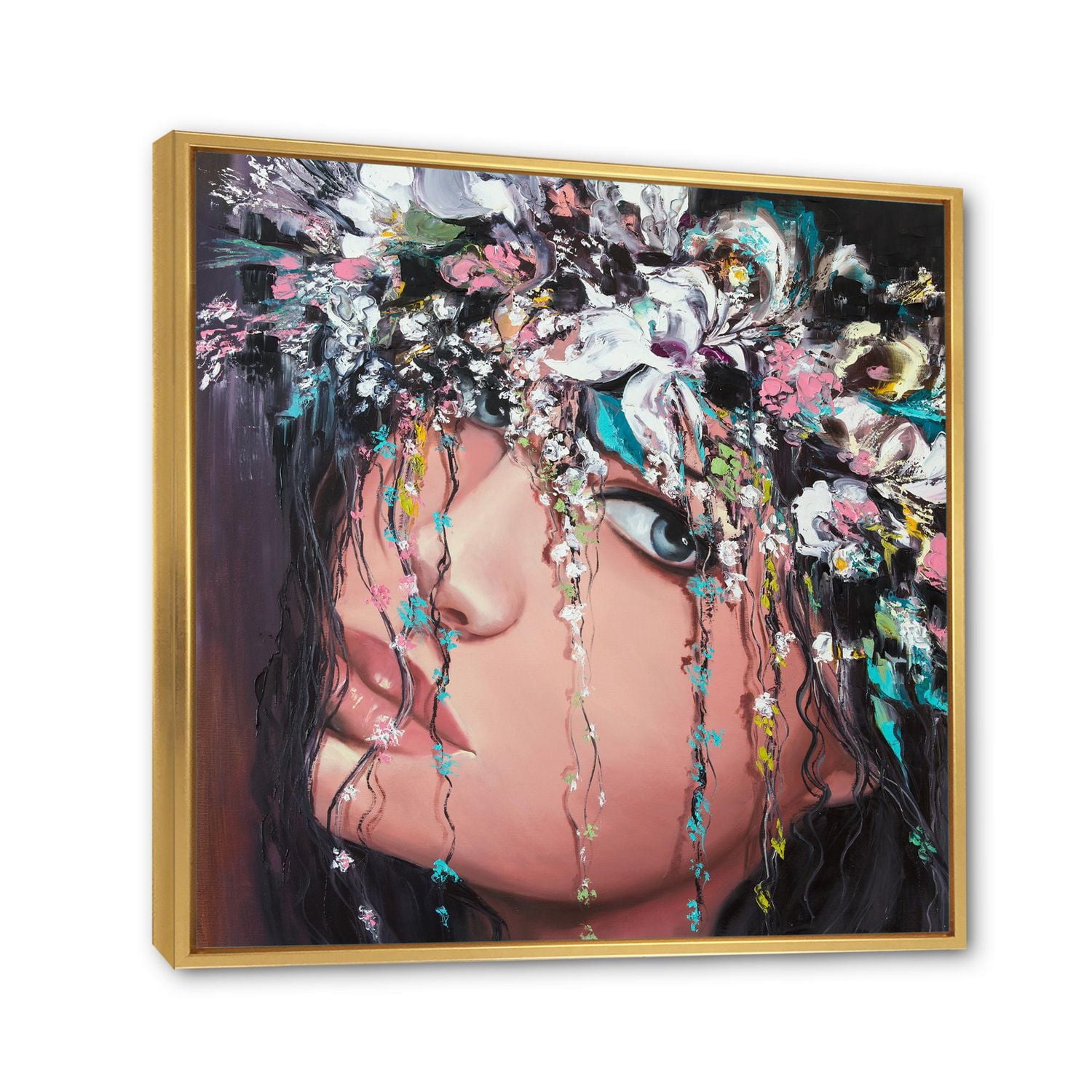 Designart Portrait d'une jeune femme aux fleurs II ART MURAL À CADRE FLOTTÉ