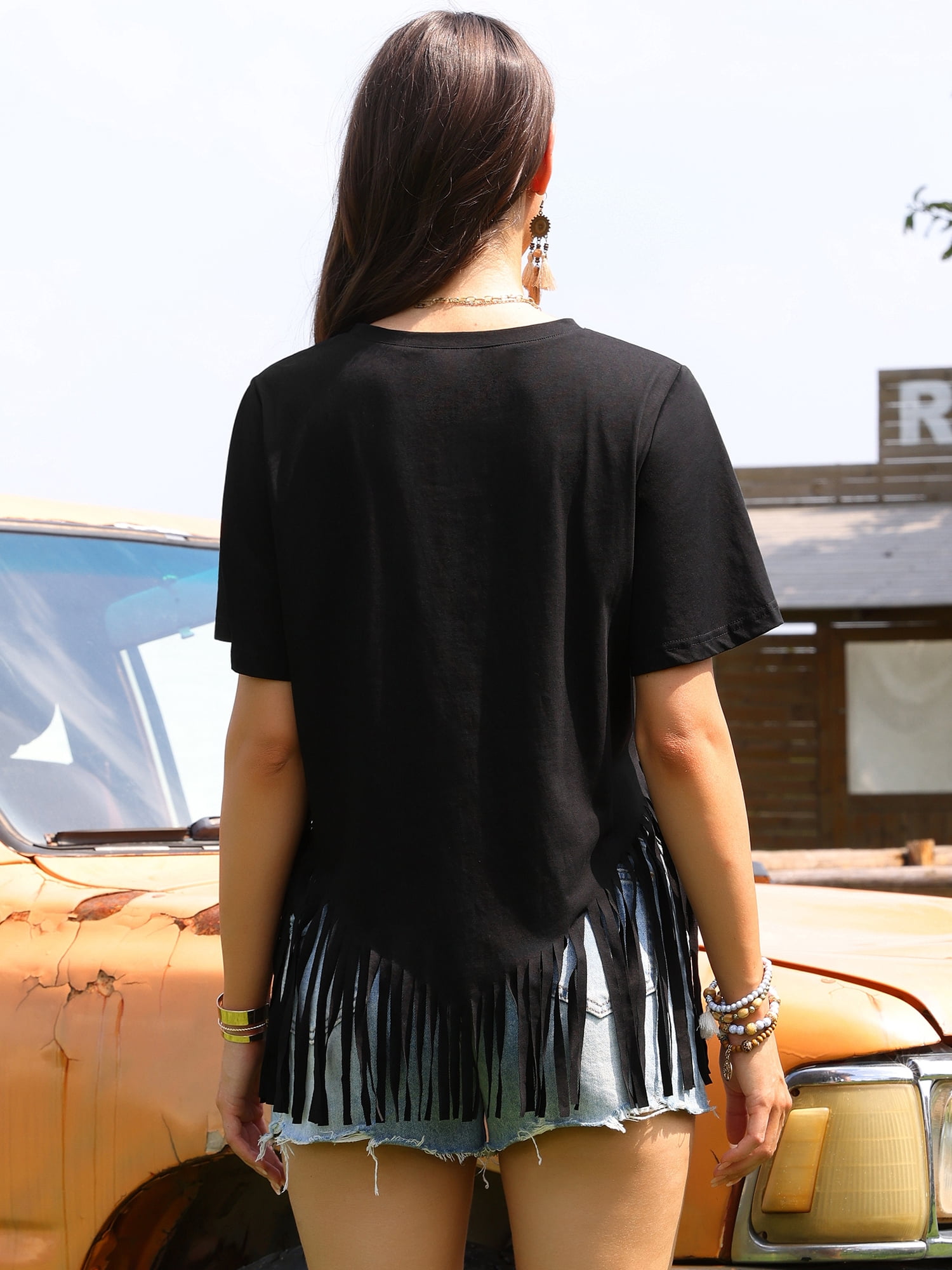 DARING DIVA Women's Fringe Tops Short Sleeve Crew Neck Solid Tassel T Shirts M Black