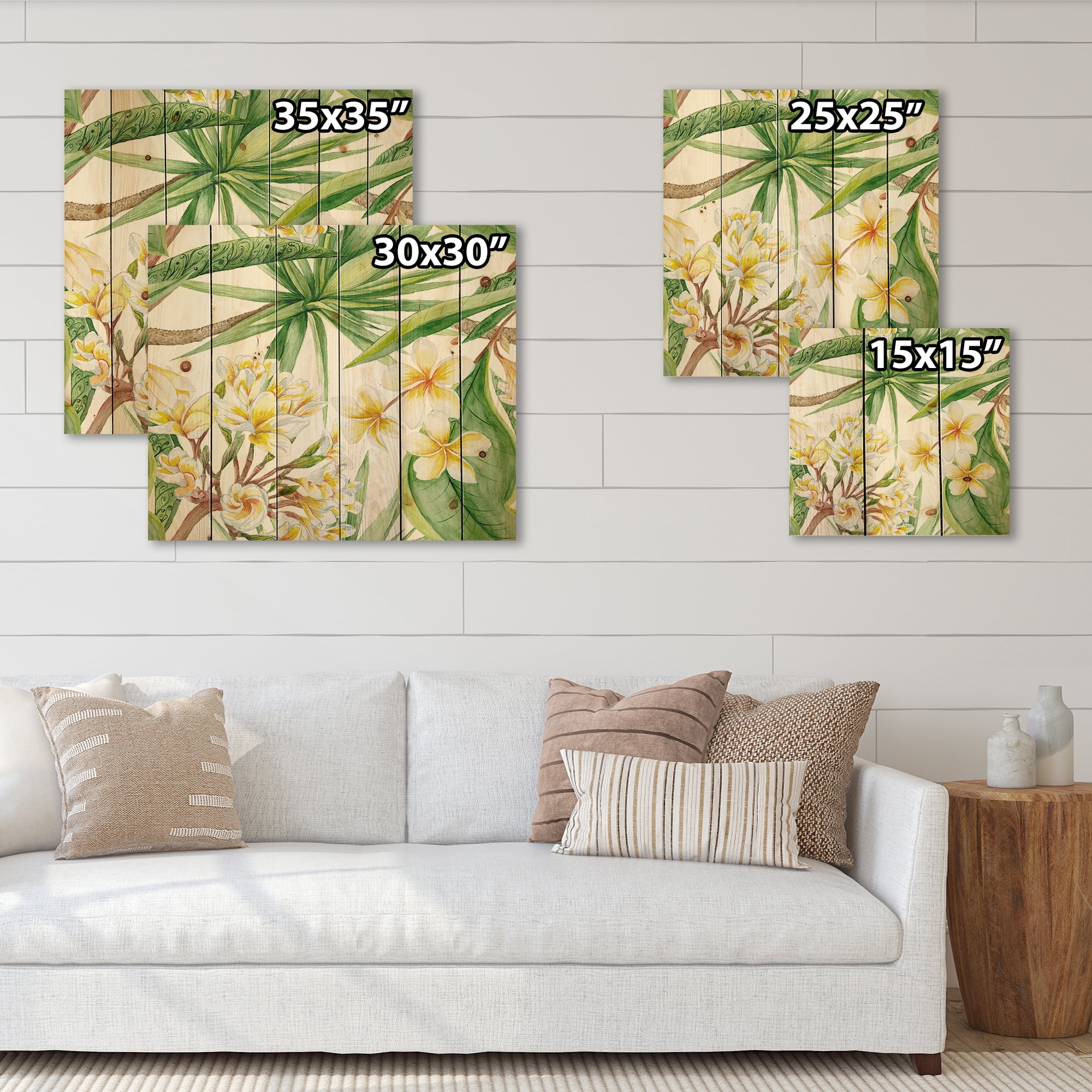 Designart 'Yellow Flowers and Tropical Foliage I' Modern Print on Natural Pine Wood